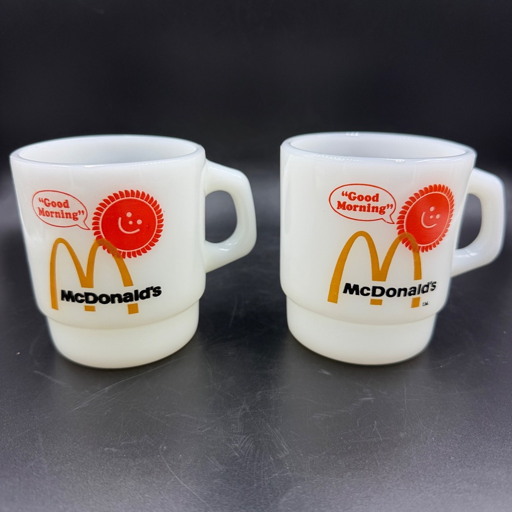 Vintage Pair Fire-King McDonalds Good Morning Milk Glass Mugs Stackable USA